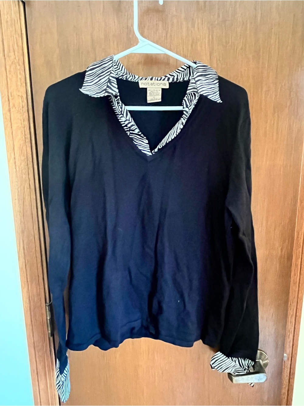 Notations Black V-Neck Sweater with Zebra-Print Collar and Cuff Detail